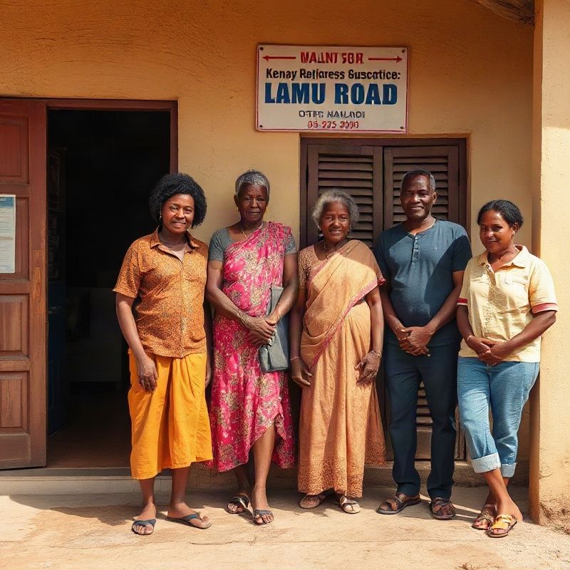 Group portrait of the Betazswift family business team outside their Lamu Road office